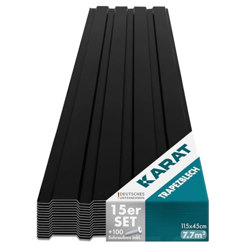KARAT - 15 Stück Trapezblech 115 x 45 cm - Profilblech SET inkl. Schrauben - 7,7 m² Wandblech Dachblech - Stärke 0,25 mm - Dachplatten Stahlblech Wandverkleidung (Schwarz) von KARAT
