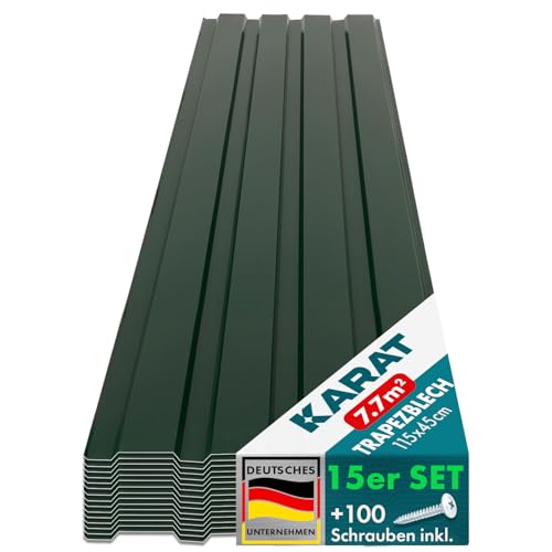 KARAT - 15 Stück Trapezblech 115 x 45 cm - Profilblech SET inkl. Schrauben - 7.7 m² Wandblech Dachblech - Stärke 0.25 mm - Dachplatten Stahlblech Wandverkleidung (Grün) von KARAT