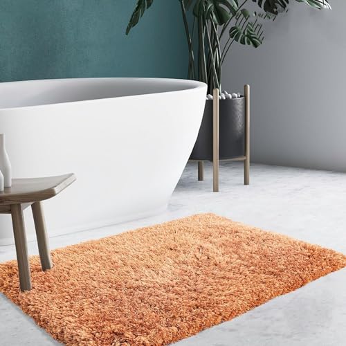 KARAT Badematte 50 x 80 cm orange weicher, Flauschiger Badezimmerteppich in Shaggy Optik, Badvorleger rutschfest waschbar | Duschvorleger, Teppich Fußmatte für Badezimmer, Dusche, (Samba Beige Amour) von KARAT