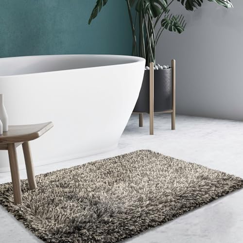 KARAT Badematte 70 x 120 cm schwarz braun weicher, flauschiger Badezimmerteppich in Shaggy Optik, Badvorleger rutschfest waschbar | Duschvorleger, Teppich Fußmatte für Badezimmer, Dusche, (Jazz Amour) von KARAT