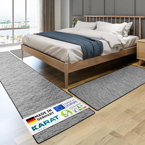 KARAT Bettvorleger - 3-teiliges Set - Moderne Bettumrandung in Anthrazit - Teppich Läufer für Schlafzimmer Wohnzimmer - Flauschiger Teppichläufer Geneva (B: 67 cm | L: 1 x 250 cm + 2 x 140 cm) von KARAT