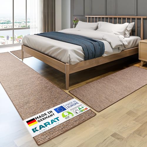 KARAT Bettvorleger - 3-teiliges Set - Moderne Bettumrandung in Hellbraun - Teppich Läufer für Schlafzimmer Wohnzimmer - Flauschiger Teppichläufer Geneva (B: 67 cm | L: 1 x 250 cm + 2 x 140 cm) von KARAT