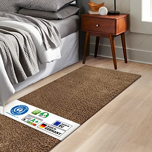 KARAT Bettvorleger Barcelona - Shaggy Bettumrandung - Teppich Läufer für Schlafzimmer Wohnzimmer - Flauschiger Teppichläufer (80 x 120 cm, Hellbraun) von KARAT
