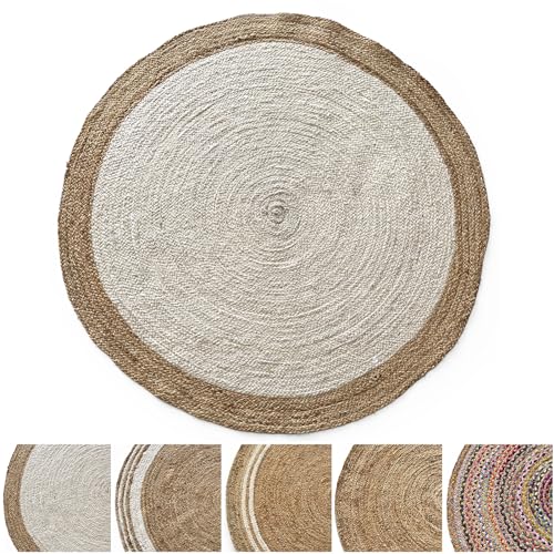 KARAT Jute Teppich rund 120cm Ø Bastteppich aus 100% Naturfaser - geflochten Boho Juteteppich, Handgewebter Naturteppich für Küche & Wohnzimmer robust & reißfest (Agra) von KARAT