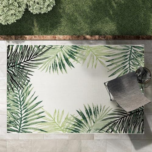 KARAT Outdoor Teppich wetterfest & UV beständig für Terrasse, Balkon oder für Küche & Wohnzimmer Robustes, flachgewebtes kurzflor waschbarer Wohnzimmerteppich 120 x 170 cm (Palm Cycas) von KARAT