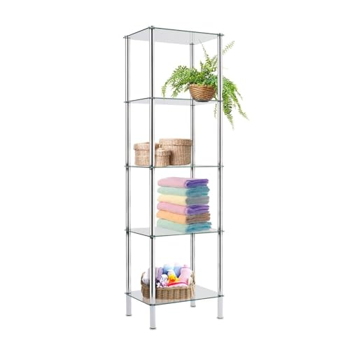 KARAT Regal mit 5 Ablagen aus Sicherheitsglas, 40x30x134cm, Glasregal, verchromtes Badregal, Standregal für Badezimmer, Wohnzimmer, Küche, Büro (Gina) von KARAT