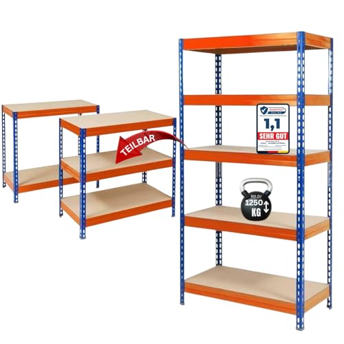KARAT schwerlastregal - Steckregal, Kellerregal, Lagerregal, Werkbank - Traglast bis 1250 kg - Schnelle Montage & Standsicher (Blau-Orange, 220 x 120 x 60 cm) von KARAT