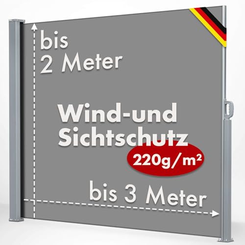 KARAT ALU Seitenmarkise - ausziehbare Markise in Anthrazit - 180 x 300 cm - blickdichter Sichtschutz & Windschutz für Garten Balkon & Terrasse, Seitenrollo mit Wandhalterung von KARAT