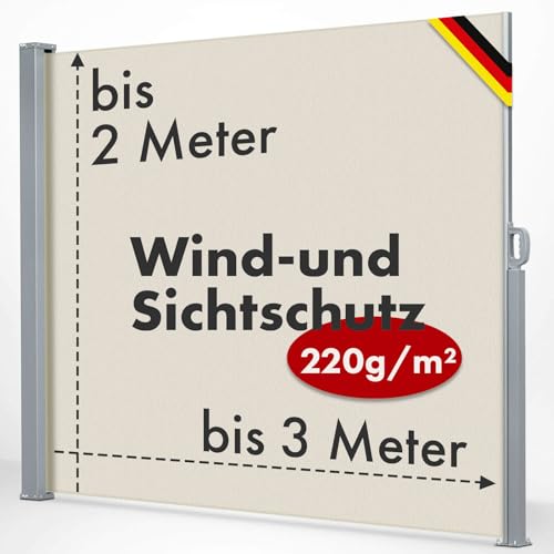 KARAT ALU Seitenmarkise - ausziehbare Markise in Beige - 180 x 300 cm - blickdichter Sichtschutz & Windschutz für Garten Balkon & Terrasse, Seitenrollo mit Wandhalterung von KARAT