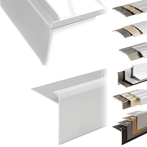 KARAT Treppenkantenprofil 100cm in F-Form aus Aluminium für Laminat | Safety | Silber | Vorgebohrte Kantenleiste 53mm Höhe mit einer Einfasshöhe von 7-8mm von KARAT