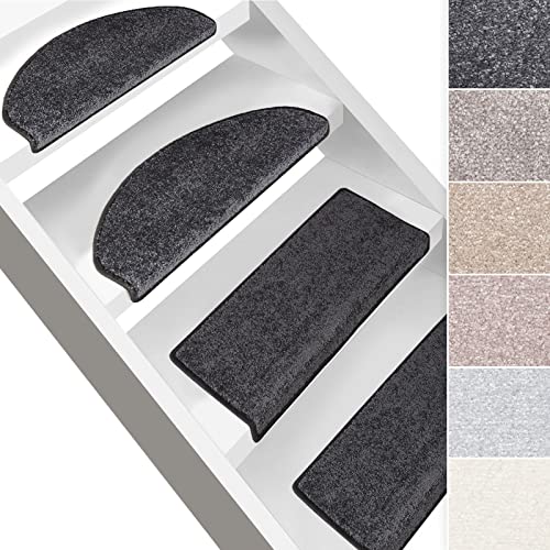 KARAT Stufenmatten Sundae - Halbrund oder Eckig - Velours Treppen-Teppich - Teppenmatte für Innen - Einfache Befestigung (Rechteckig - 23,5 x 65 cm, Anthrazit) von KARAT