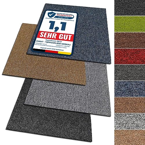 KARAT Teppichfliesen 50x50 cm selbstliegend - 24 Stück Set - 6m² - strapazierfähiger Teppich Bodenbelag mit hochwertigem Schlingenflor für Haus & Büro - antistatisch mit Bitumen Rücken - Blau Moskau von KARAT