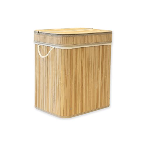 KARAT Wäschekorb Bambus Holz mit Deckel 54 L Aufbewahrungsbox faltbare Wäschetonne mit abnehmbarem Wäschesack und Griffen, Wäschesammler, Wäschebox Truhe Deko für Bad (Eckig | 40 x 30 x 45 cm) von KARAT