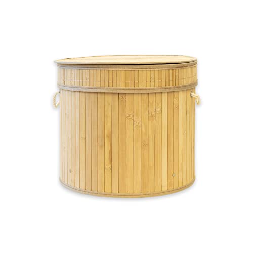 KARAT Wäschekorb Bambus Holz mit Deckel 29 Liter Aufbewahrungsbox faltbare Wäschetonne mit abnehmbarem Wäschesack und Griffen, Wäschesammler, Wäschebox Truhe für (Rund | 35 x 30 cm) von KARAT