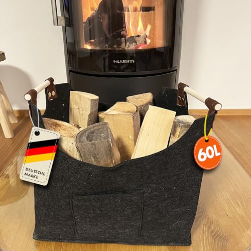 KARAT XXL Filzkorb mit Holzgriffen 45x32x41cm, 60 Liter anthrazit Holzkorb für Kaminholz, Filztasche Shopper, Einkaufstasche aus Filz universell einsetzbar, Brennholzkorb Aufbewahrungskorb (Vesta) von KARAT