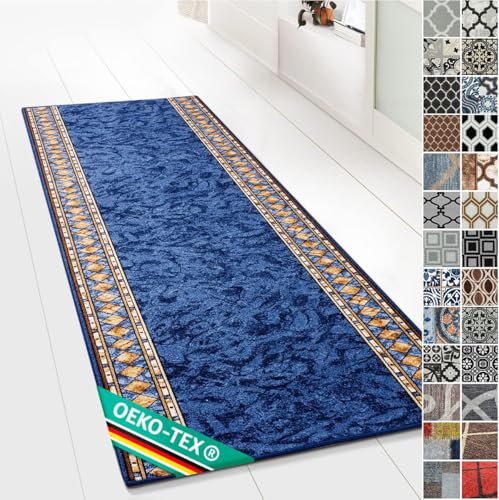 Moderner Wohnteppich mit Muster - maßgefertigter Teppichläufer - Meterware - Teppich Läufer für Küche, Flur & Wohnraum - Flurteppich - Küchenläufer (80 x 400 cm, Rügen Blau) von KARAT