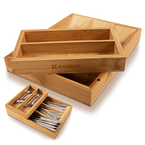 KARBAN 2-teiliger Bambus Besteckkasten klein & schmal, platzsparender Besteckeinsatz für schmale Schubladen 20-40cm, FSC Holz, stapelbarer Organizer für bis zu 8 Bestecksets (30×21×6,8 cm) von KARBAN