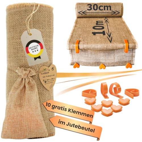 KARBAN Jute Tischläufer 30 cm × 10 m – geruchloser Natur-Leinen-Look | gratis 4 Tischklammern + 6 Herz-Klemmen | extra vernähte Kanten gegen Ausfransen | plastikfreie Premium-Hochzeits- & DIY-Deko von KARBAN