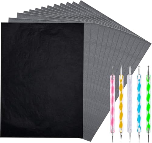 KARELLS 100 Blatt Pauspapier, Schwarzes Kohlepapier Transferpapier, A4 Abpauspapier, Pauspapier A4, Kohlepapier Schwarz, Transferpapier, für Holz Papier Leinwand Tattoo mit 5 Pcs Prägestift von KARELLS