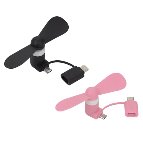 KARELLS Mini-Handy-Lüfter,2 in 1 Mini-Handy-Ventilator,2 PCS Tragbarer USB Lüfter,USB Ventilator Klein Leise,2-in-1-Lüfter,für Android-Telefone/Type-C-Telefone (Schwarz+Rosa) von KARELLS