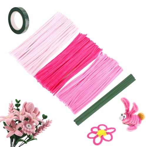 KARELLS 300 Stück Pfeifenputzer zum Basteln, Pfeifenreiniger Blumen Set, 3 Farben Pipe Cleaner Flower Set, 30cm Lang, Klebeband, Blumenband, für Kreative DIY-Projekte und Basteldeko für Kinder von KARELLS