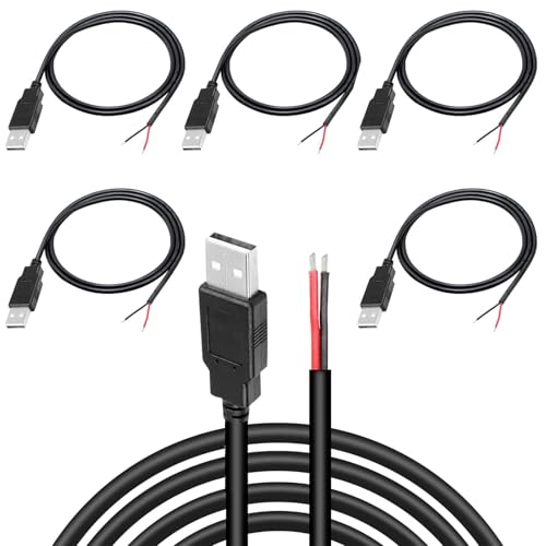 KARELLS USB Pigtail 5 Stück,2 adriges USB 2.0-Kabel,2-poliger blanker Draht mit offenem Ende,0,3 m langes Steckerkabel,USB Stecker Stromkabel,Verlängerungskabel von KARELLS