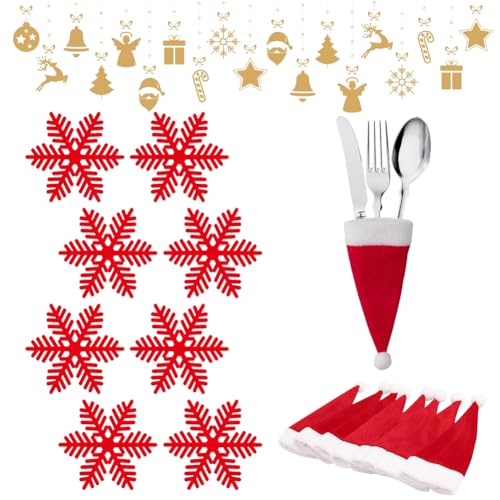 KARELLS Weihnachten Set Besteck Anzug,Besteckhalter Weihnachten,Weihnachts Besteck Halter Besteck Taschen,Rote Schneeflocke Tasse Matten,für Weihnachtsfeier Besteck Dekoration,16 Stück von KARELLS
