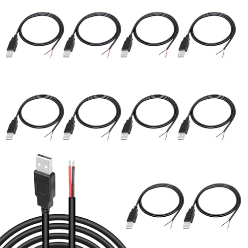 KARELLS USB Pigtail 10 Stück,2 adriges USB 2.0-Kabel,2-poliger blanker Draht mit offenem Ende,0,3 m langes USB Steckerkabel,Stecker Stromkabel,Verlängerungskabel,Stromladekabel von KARELLS