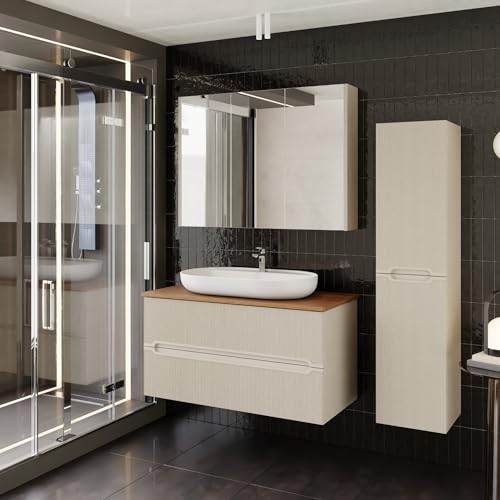 Badezimmermöbel Set Bella 100 Konsole Walnuss | Keramikwaschbecken | Unterschrank | Spiegelschrank | Konsole | Waschbecken mit Unterschrank 100 cm | Softclose | Aufsatzwaschbecken | Konsolenwaschtisch von KAREN banyo
