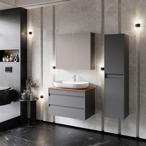 Badezimmermöbel Set Lara Konsole Walnuss 80 Anthrazit | Keramikwaschbecken | Unterschrank | Spiegelschrank | Softclose-Schubladen & -Türen & unsichtbare Griffe | Moderner Stil | Badmöbel Waschtisch von KAREN banyo