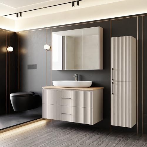Badezimmermöbel Set Liana 100 Konsole Eiche | Keramikwaschbecken | Unterschrank | Spiegelschrank | Konsole | Waschbecken mit Unterschrank 100 cm | Softclose | Aufsatzwaschbecken | Konsolenwaschtisch von KAREN banyo