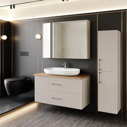 Badezimmermöbel Set Liana 100 Konsole Walnuss | Keramikwaschbecken | Unterschrank | Spiegelschrank | Konsole | Waschbecken mit Unterschrank 100 cm | Softclose | Aufsatzwaschbecken | Konsolenwaschtisch von KAREN banyo