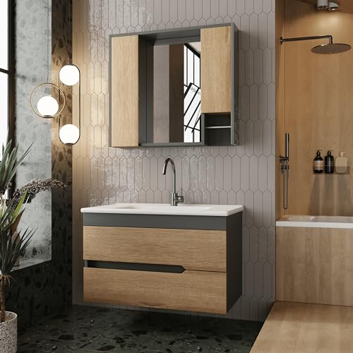 Badezimmermöbel Set Marmara 85 Anthrazit| Keramikwaschbecken | Unterschrank | Spiegelschrank | Handtuchstange|Softclose-Schubladen & -Türen, Griffmulden | Natürlicher Stil | Badmöbel Waschtisch von KAREN banyo