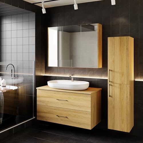 Badezimmermöbel Set Verona 100 Konsole Eiche | Keramikwaschbecken | Unterschrank | Spiegelschrank | Konsole | Waschbecken mit Unterschrank 100 cm | Softclose | Aufsatzwaschbecken | Konsolenwaschtisch von KAREN banyo