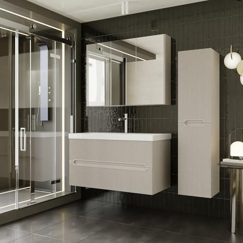 Badmöbel Set Bella 100 | Keramikwaschbecken | Unterschrank | Spiegelschrank | Softclose-Schubladen & -Türen | Riffeloptik & Griffmulden | Eleganter Stil | Badmöbel | Waschtisch mit Unterschrank 100 cm von KAREN banyo