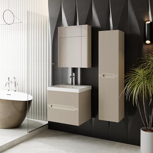 Badmöbel Set Bella 60 | Keramikwaschbecken | Unterschrank | Spiegelschrank | Softclose-Schubladen & -Türen | Riffeloptik & Griffmulden | Eleganter Stil | Badmöbel | Waschtisch mit Unterschrank 60 cm von KAREN banyo