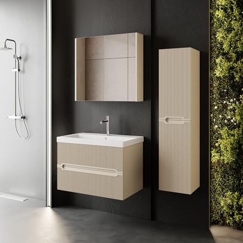 Badmöbel Set Bella 80 | Keramikwaschbecken | Unterschrank | Spiegelschrank | Softclose-Schubladen & -Türen | Riffeloptik & Griffmulden | Eleganter Stil | Badmöbel | Waschtisch mit Unterschrank 80 cm von KAREN banyo