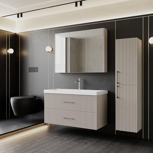 Badmöbel Set Liana 100 | Keramikwaschbecken | Unterschrank | Spiegelschrank | Softclose-Schubladen & -Türen | Riffeloptik & Bügelgriffe | Eleganter Stil | Badmöbel | Waschtisch mit Unterschrank 100 cm von KAREN banyo