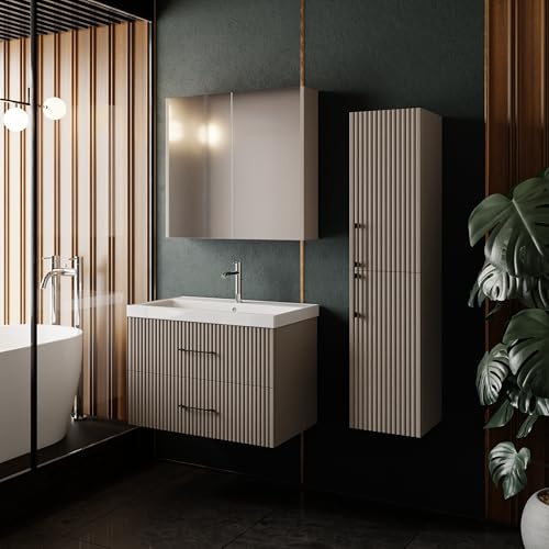 Badmöbel Set Liana 80 | Keramikwaschbecken | Unterschrank | Spiegelschrank | Softclose-Schubladen & -Türen | Riffeloptik & Bügelgriffe | Eleganter Stil | Badmöbel | Waschtisch mit Unterschrank 80 cm von KAREN banyo