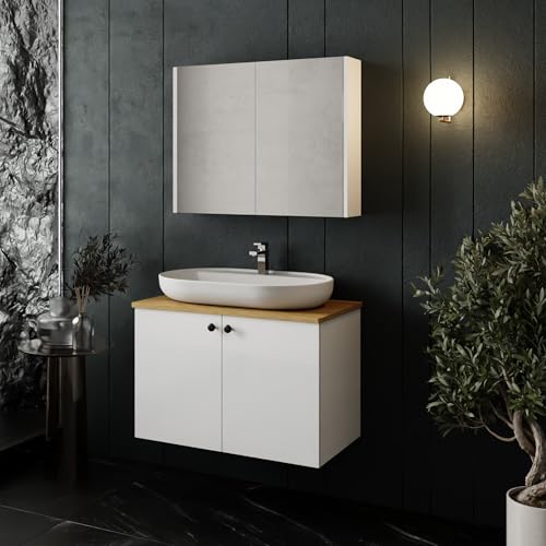 Badmöbel Set Weiß | Badezimmermöbel 3 teilig | Waschtisch mit Unterschrank | Waschbecken | Spiegelschrank | Waschbeckenunterschrank | Badschränke | Komplettset (Mimoza 80 mit Konsole Eiche) von KAREN banyo
