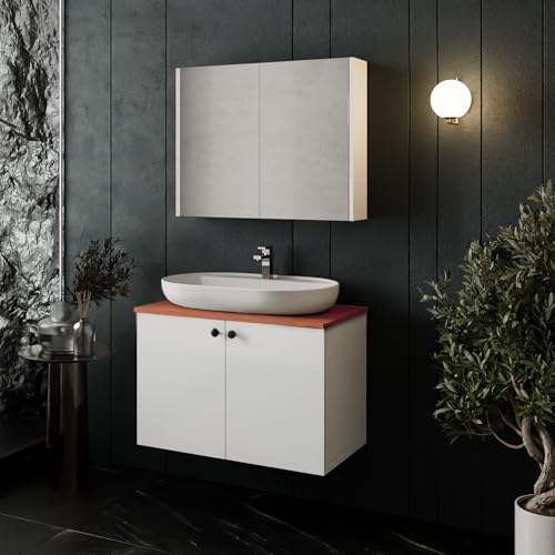 Badmöbel Set Weiß | Badezimmermöbel 3 teilig | Waschtisch mit Unterschrank | Waschbecken | Spiegelschrank | Waschbeckenunterschrank | Badschränke | Komplettset (Mimoza 80 mit Konsole Walnuss) von KAREN banyo