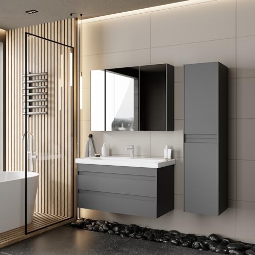 KAREN banyo Badezimmermöbel Set Lara 60 Anthrazit | Keramikwaschbecken | Unterschrank | Spiegelschrank | Softclose-Schubladen & -Türen & unsichtbare Griffe | Moderner Stil | Badmöbel Waschtisch von KAREN banyo