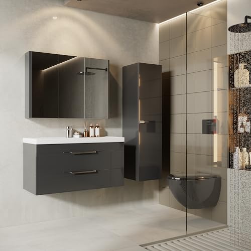 KAREN banyo Badezimmermöbel Set Lotus 100 Anthrazit Hochglanz | Keramikwaschbecken | Unterschrank | Spiegelschrank | Lip Griffe aus Chrom | Softclose-Schubladen | Modern | Badmöbel Waschtisch von KAREN banyo