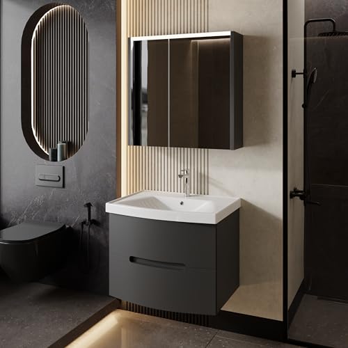 KAREN banyo Badezimmermöbel Set Royal Anthrazit 70 cm | Keramikwaschbecken | Unterschrank | Spiegel mit LED-Beleuchtung | Softclose-Schubladen und -Türen | Griffmulden | Badmöbel Komplettprogramme von KAREN banyo