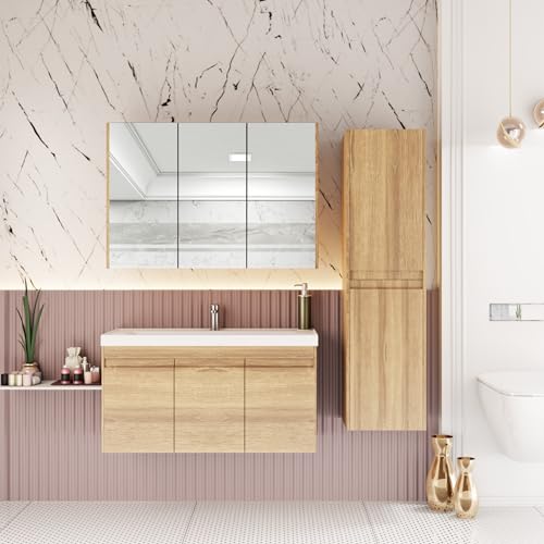 KAREN banyo Badmöbel Set 3 teilig City 100 cm | Waschbecken | Spiegelschrank | Unterschrank | Sonoma Eiche | Softclose-Türen & unsichtbare Griffe | Natürlicher Stil| Badezimmermöbel Waschtisch Holz von KAREN banyo