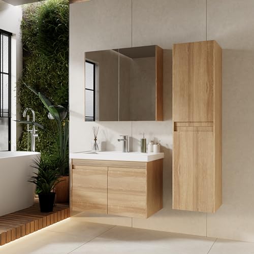 KAREN banyo Badmöbel Set 3 teilig City 80 cm | Waschbecken | Spiegelschrank | Unterschrank | Sonoma Eiche | Softclose-Türen & unsichtbare Griffe | Natürlicher Stil| Badezimmermöbel Waschtisch Holz von KAREN banyo