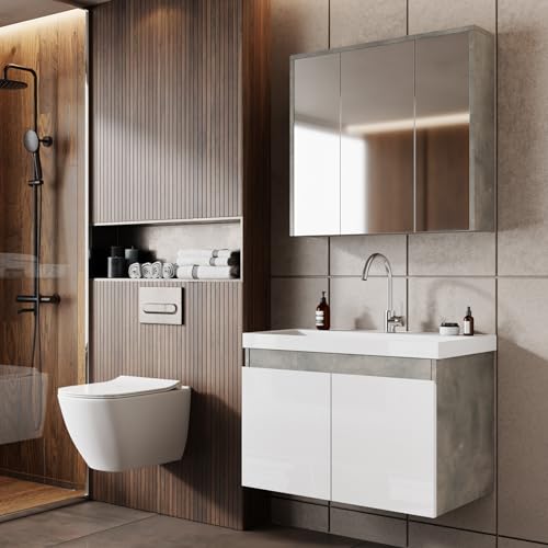 KAREN banyo Badmöbel Set Alfa 80 Weiß | Keramikwaschbecken | Unterschrank | Spiegelschrank | Softclose-Türen & unsichtbare Griffe | Badezimmer Möbelset Waschbeckenunterschrank Waschtisch von KAREN banyo
