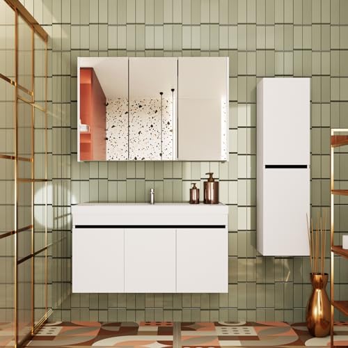 KAREN banyo Badmöbel Set Venus 100 Weiß | Keramikwaschbecken | Unterschrank | Spiegelschrank | Softclose-Türen & unsichtbare Griffe | Futuristischer Stil | Badezimmermöbel Waschtischunterschrank von KAREN banyo