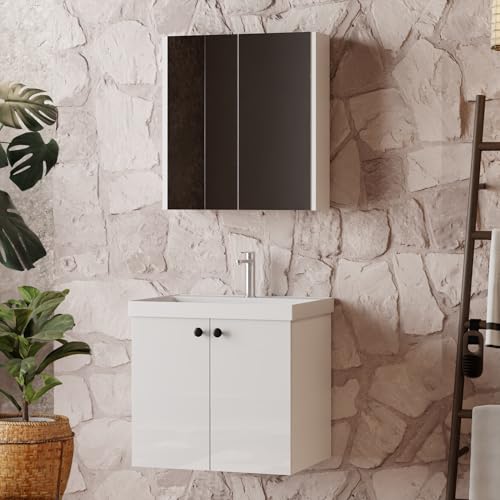 KAREN banyo Badmöbel Set Weiß | Badezimmermöbel 3 teilig | Waschtisch mit Unterschrank | Waschbecken | Spiegelschrank | Waschbeckenunterschrank | Badschränke | Komplettset (Mimoza 60) von KAREN banyo