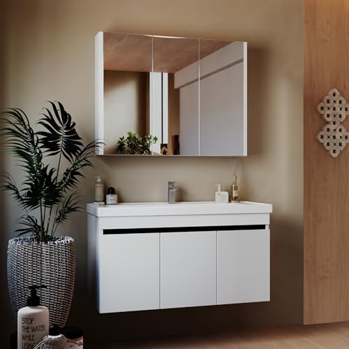 KAREN banyo Badmöbel Weiß | Badmöbelset mit Waschbecken | Waschtisch mit Unterschrank | Keramikwaschbecken | Spiegelschrank | Unterschrank | Badkombination 3 er Set (Venus 100) von KAREN banyo